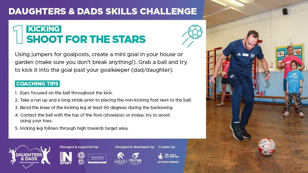 Inforgraphic explaining the Daughters and Dads Skills Challenge 1 which is kicking