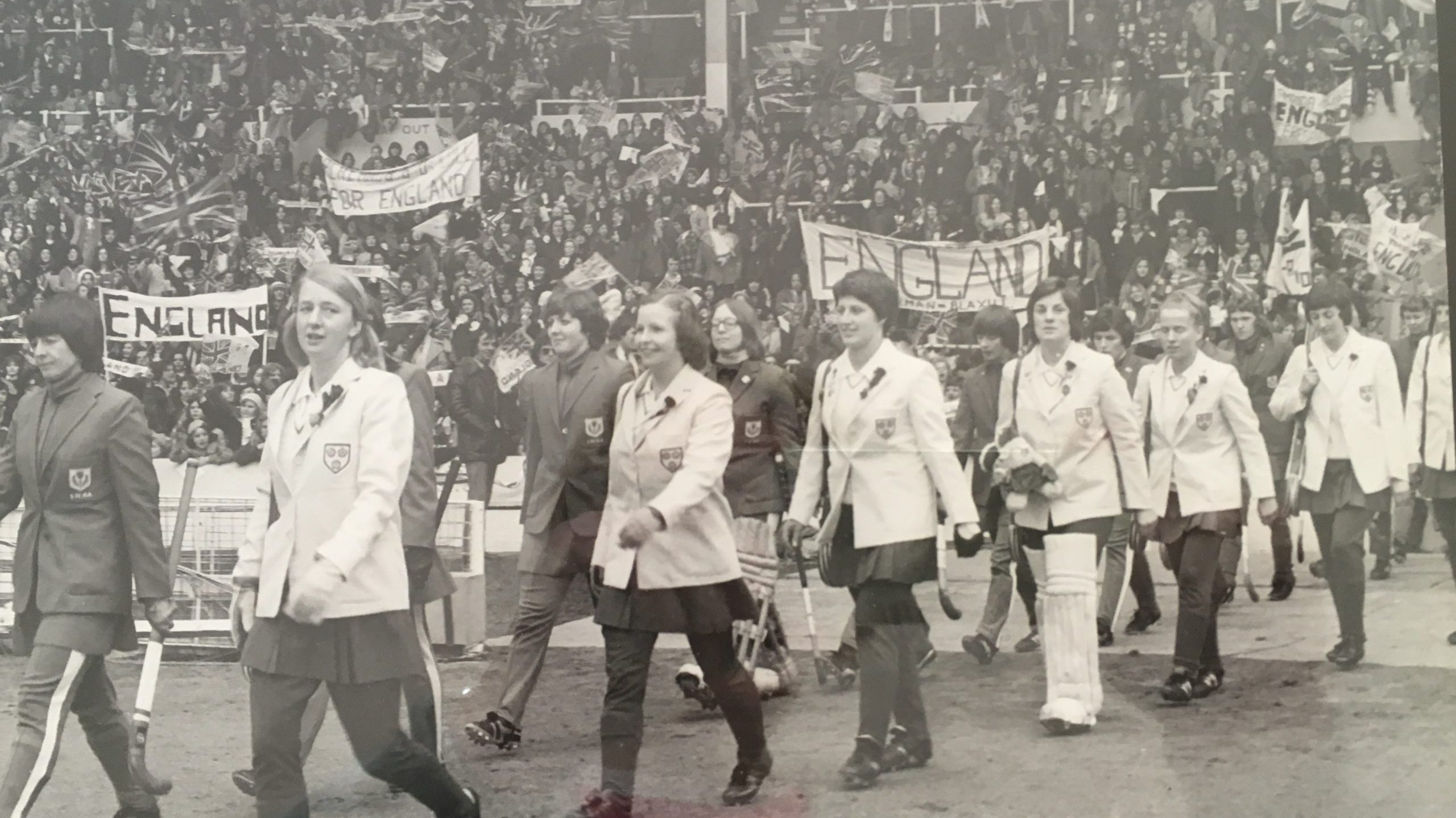 England hockey captain Anita White leading out the England women's hockey team at the 1975 World Cup