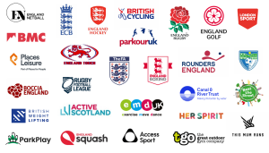 Time Together partners: England Netball, ECB, England Hockey, British cycling, england rugby, england golf, london sport, bmc, england touch, parkour uk, england touch, the fa, football associations, england boxing, england rounders, gotherington fc, places leisure, boccia england, rugby football league, british weightlifting, active scotland, emduk, canal and river trust, her spirit, beat the street, parkplay, england squash, access sport, the great outdoor gym company, this mum runs