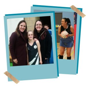 Mum Abi, daughter Matilda and auntie Ro playing netball together