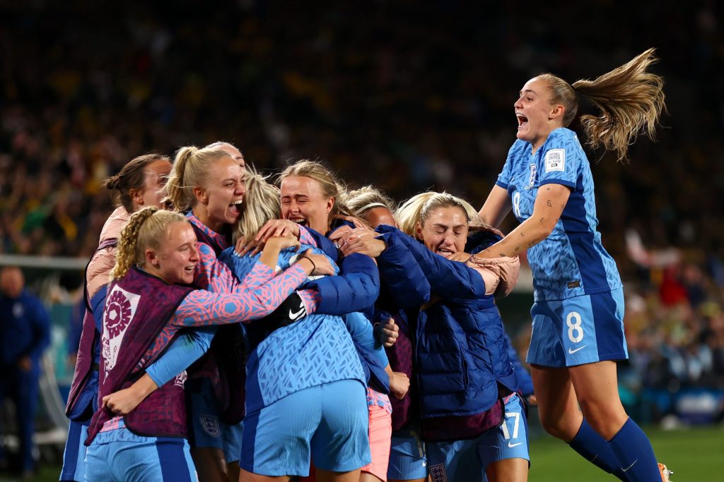 The England lionesses celebrating making the 2023 World Cup final