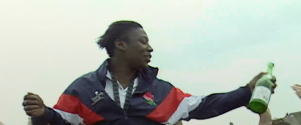 Jacqueline Preston, former Red Roses player, being lifted by her team members during a celebration