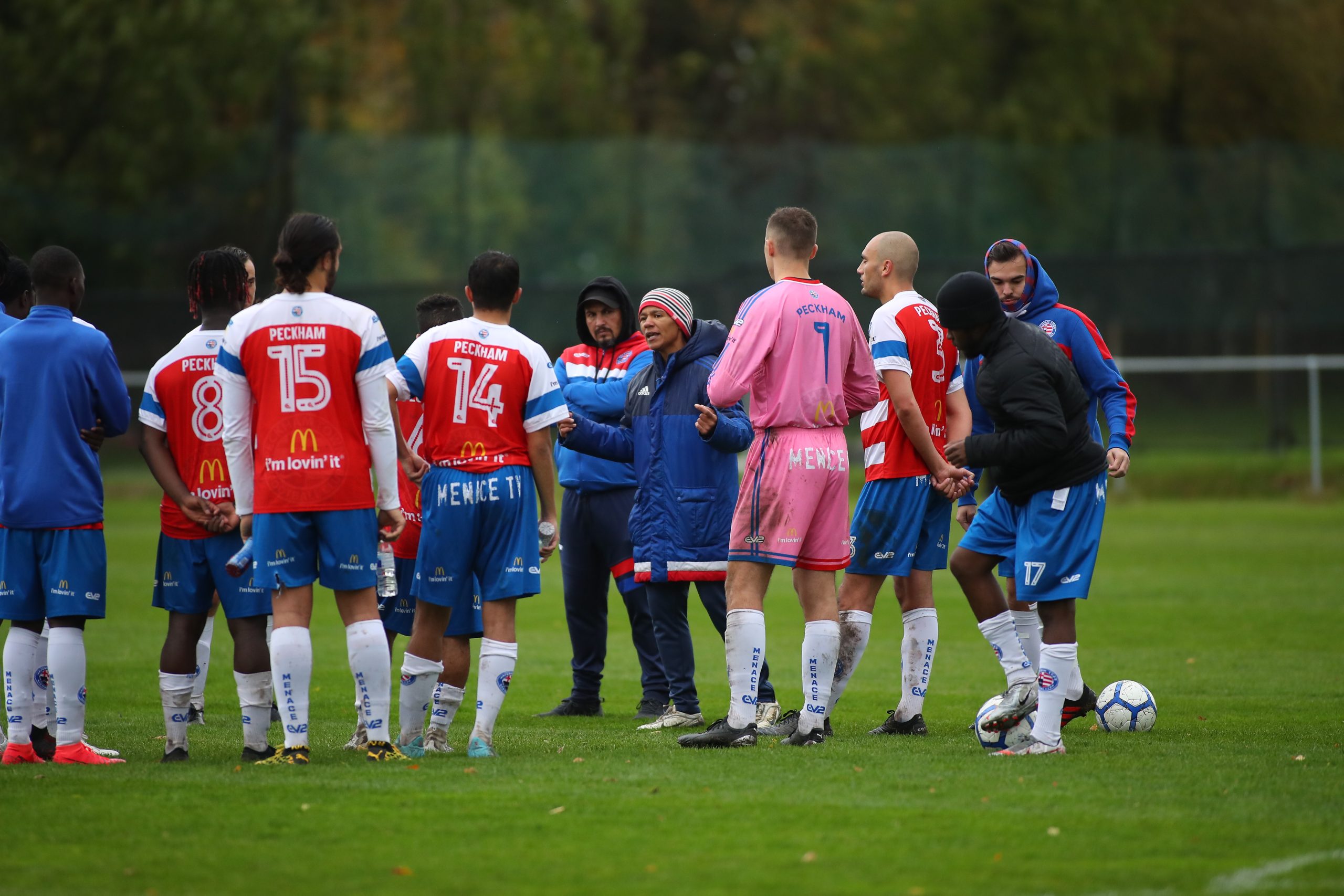Football coach Mary Phillips coaching Peckham men's team. Photo by Avis Action images.