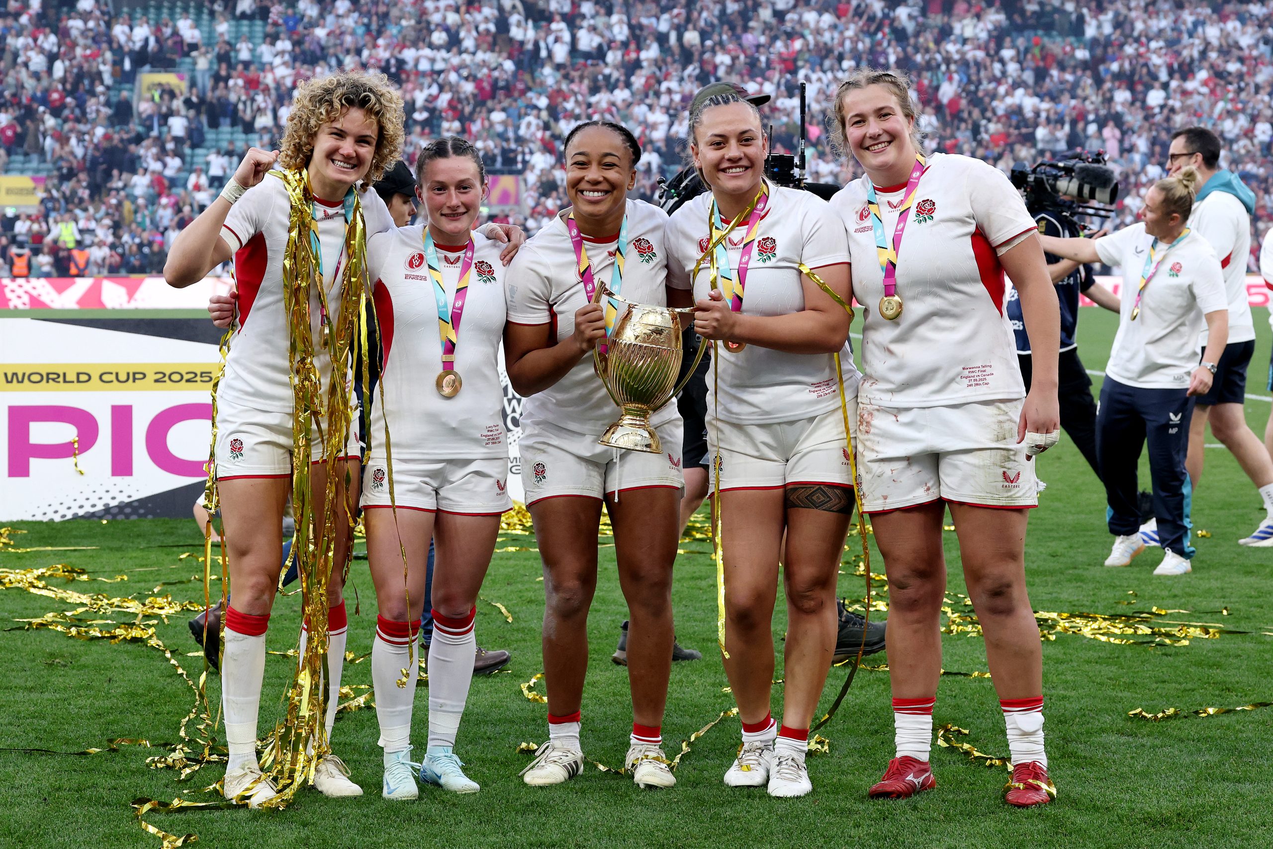 England women's rugby team celebrating their 2025 World Cup win in Twickenham
